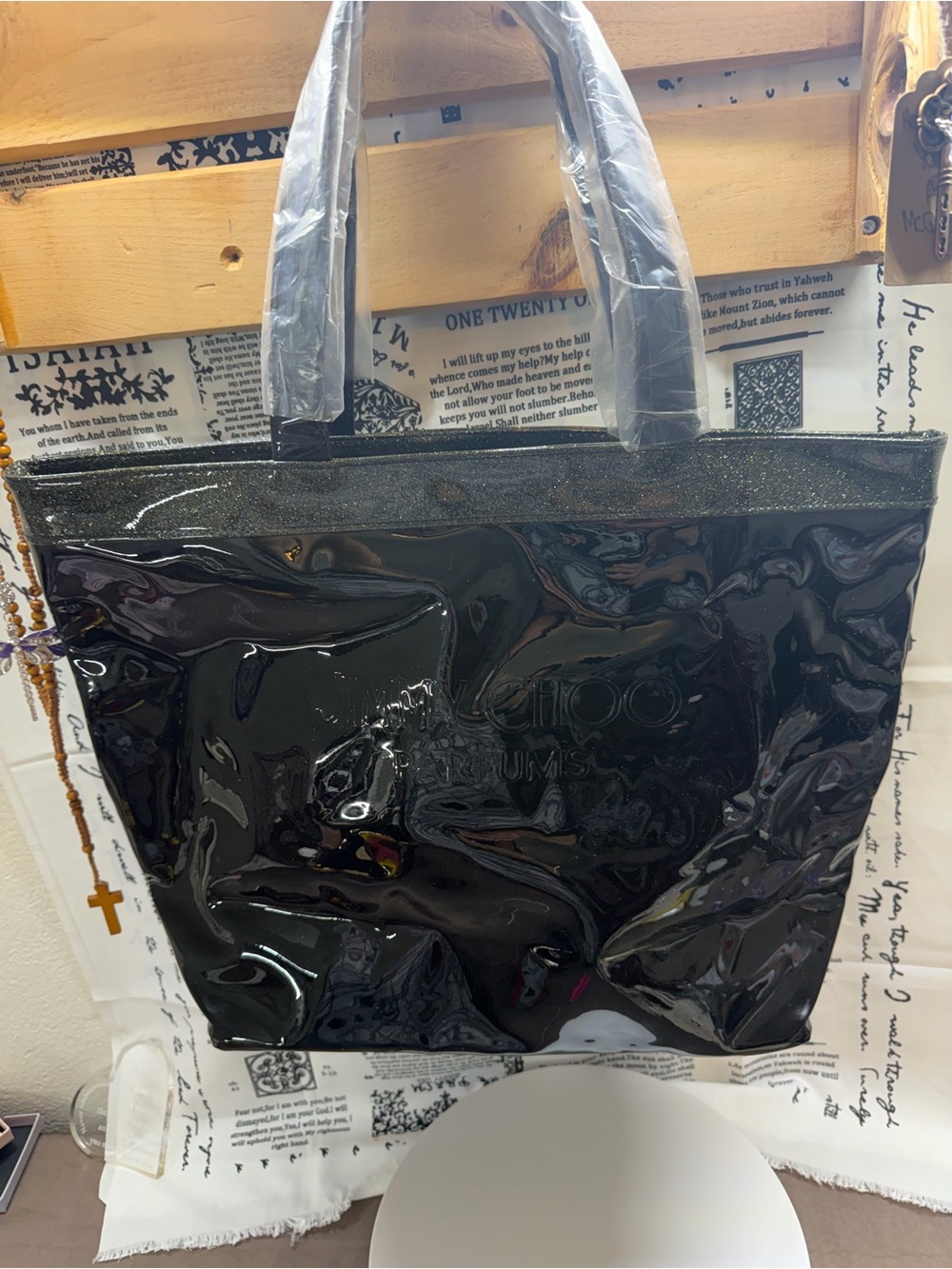 NWT Jimmy Choo Black Perfume Glossy Tote Bag